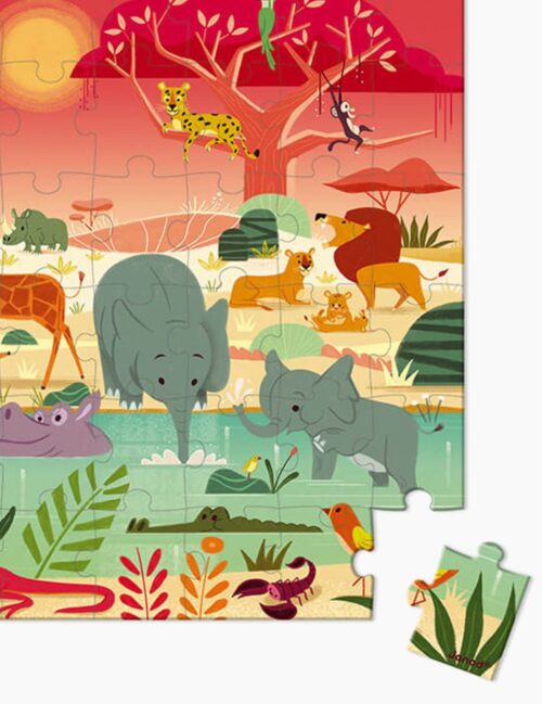Puzzle rezervatie de animale, Janod, cu cutie gentuta, 54 piese