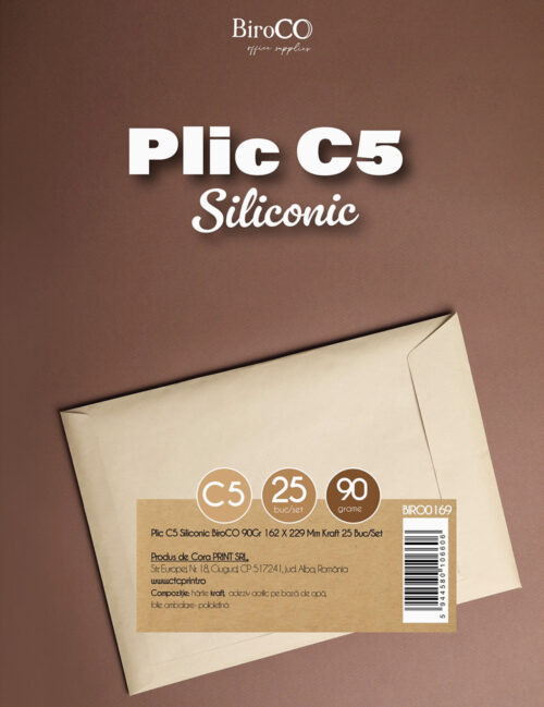 Plic C5 Siliconic BiroCo, 90g, 162 x 229 mm, Kraft, 25 buc/set