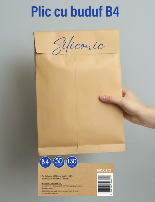 Plic cu Burduf B4 Siliconic, BiroCo, 130g, 250 x 353 x 50 mm, Kraft, 50 buc/set