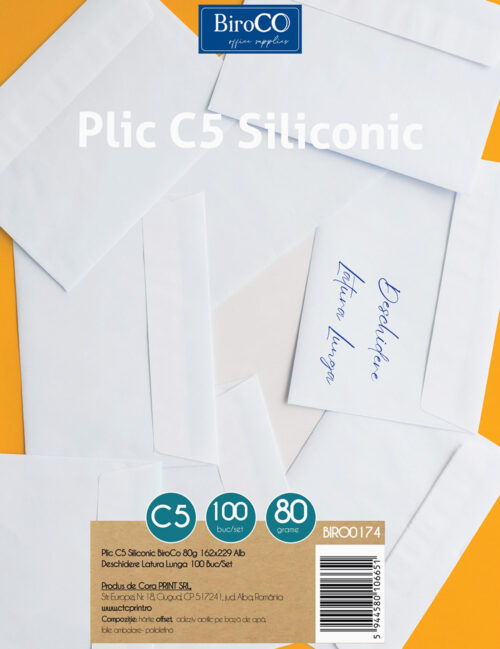 Plic C5 Siliconic, BiroCo, 80g, 162 x 229 mm, Alb, Deschidere Latura Lunga, 100 buc/set