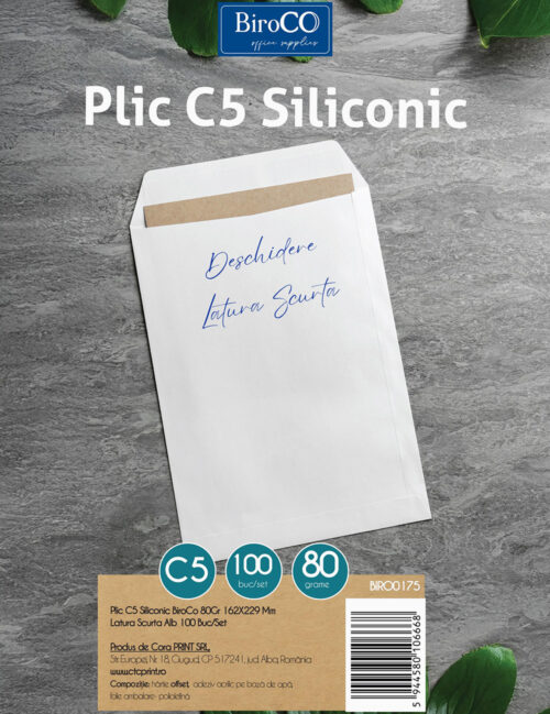 Plic C5 Siliconic, BiroCo, 80g, 162 x 229 mm, Latura Scurta, Alb, 100 buc/set