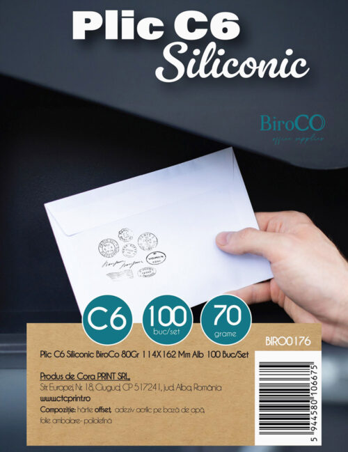 Plic C6 Siliconic BiroCo, 80g, 114 x 162 mm, Alb, 100 buc/set