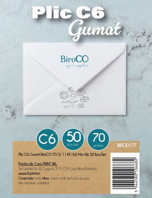 Plic C6 Gumat, BiroCo, 70g, 114 x 162 mm, Alb, 50 buc/set