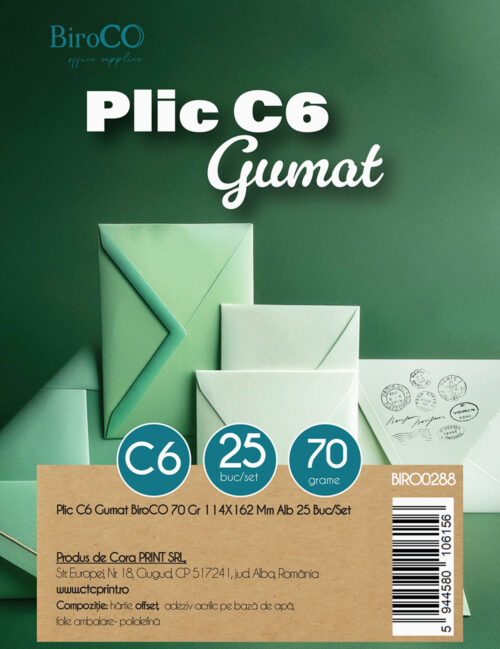 Plic C6 Gumat, BiroCo, 70g, 114 x 162 mm, Alb, 25 buc/set