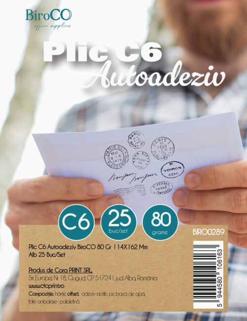 Plic C6 Autoadeziv, BiroCo, 80g, 114 x 162 mm, Alb, 25 buc/set