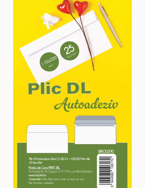 Plic DL Autoadeziv, BiroCo, 80g, 110 x 220 mm, Alb, 25 buc/set