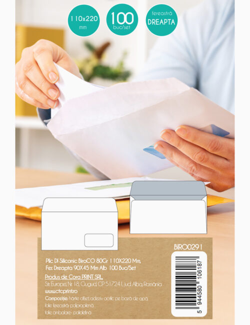 Plic DL Siliconic, BiroCo, 80g, 110 x 220 mm, Fer. Dreapta 90 x 45 mm, Alb, 100 buc/set